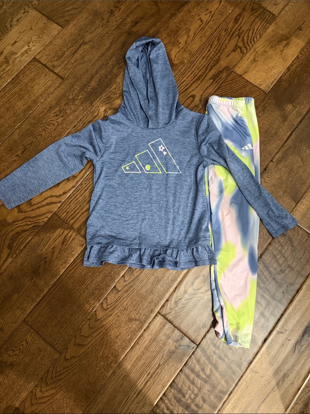 adidas Girls' Heather Blue Hooded Top with Neon Logo
